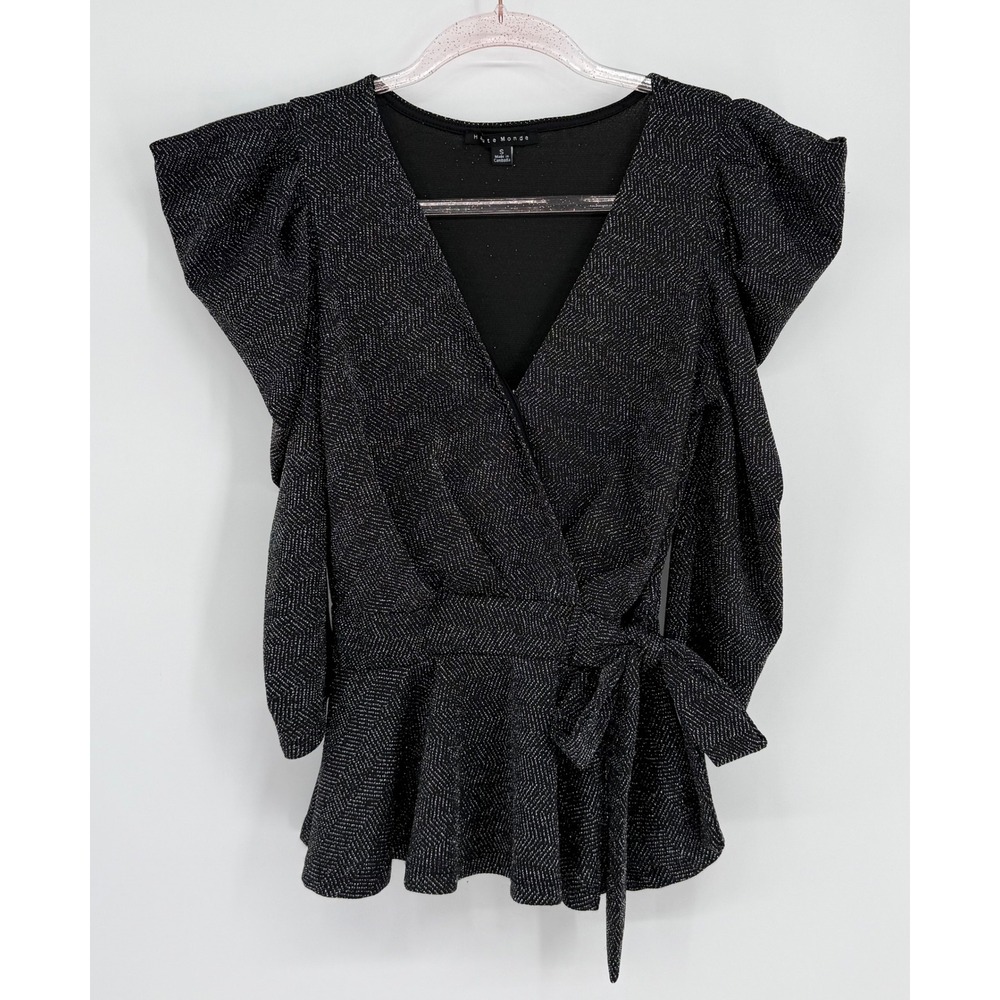 Haute Monde Black Silver Metallic Lurex Chevron Puff Sleeve Peplum Wrap Top Sz S